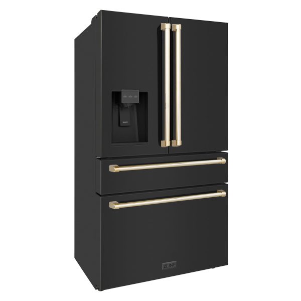 ZLINE 36  Autograph Edition 21.6 cu. ft Freestanding French Door Refrigerator with Water and Ice Dispenser in Fingerprint Resistant Black Stainless Steel with Accents (RFMZ-W-36-BS) [Color: Gold Accents] Sale