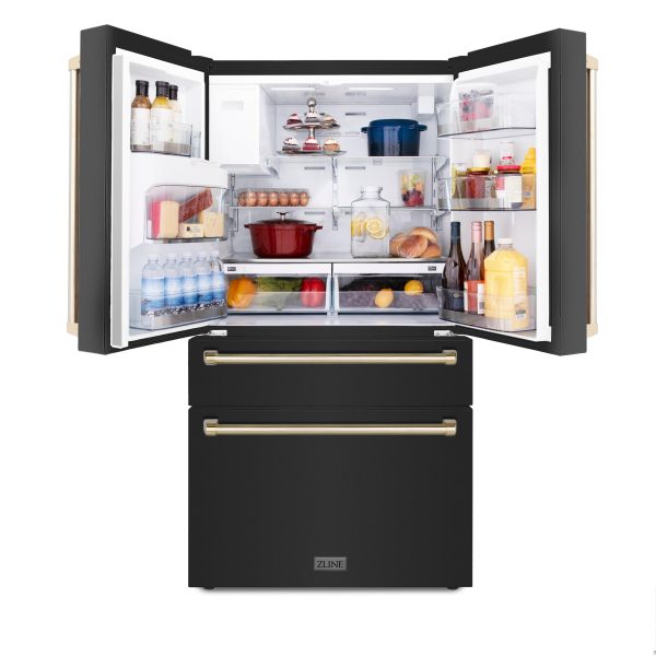 ZLINE 36  Autograph Edition 21.6 cu. ft Freestanding French Door Refrigerator with Water and Ice Dispenser in Fingerprint Resistant Black Stainless Steel with Accents (RFMZ-W-36-BS) [Color: Gold Accents] Sale