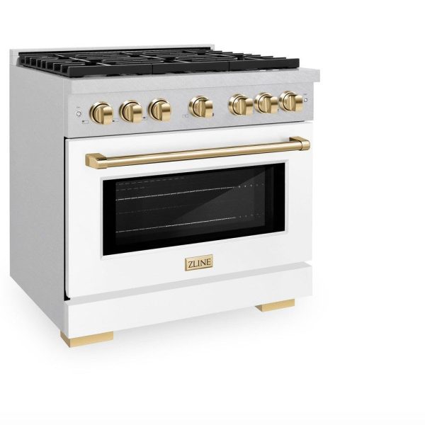 ZLINE Autograph Edition 36 in. 5.2 cu. ft. Paramount Dual Fuel Range with 6 Burner Gas Cooktop and Electric Convection Oven in DuraSnow  Stainless Steel with White Matte Door and Polished Gold Accents (SDRSZ-WM-36-G) For Cheap