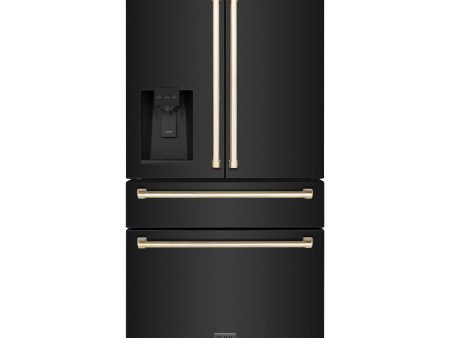 ZLINE 36  Autograph Edition 21.6 cu. ft Freestanding French Door Refrigerator with Water and Ice Dispenser in Fingerprint Resistant Black Stainless Steel with Accents (RFMZ-W-36-BS) [Color: Gold Accents] Sale